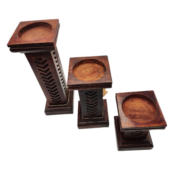 My Mela Mela Artisans Set of 3 Pillar Candle Holder Dark Wood Handmade Column - Picture 3 of 16